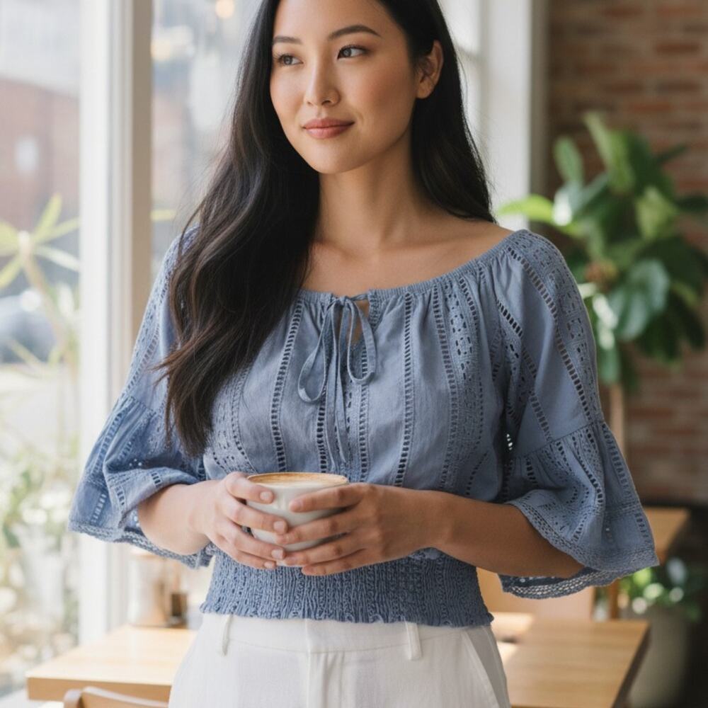 Hummingbird Blue Eyelet Off-the-Shoulder Crop Top Smocked Peasant Blouse M 6-10
